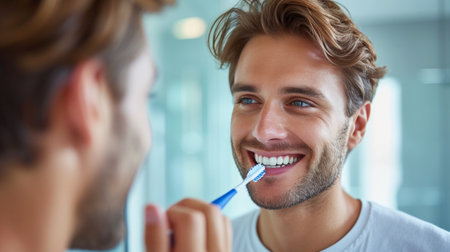 A handsome young man brushes his teeth and looks smiling at his reflection in the mirror.の素材