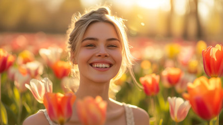 A joyful woman amidst vibrant tulips, her smile radiating warmth under the spring sun.の素材