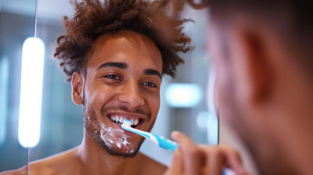 A handsome young man brushes his teeth and looks smiling at his reflection in the mirror.の素材