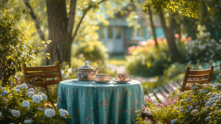 A cozy outdoor tea party set amidst a garden of budding blooms.の素材