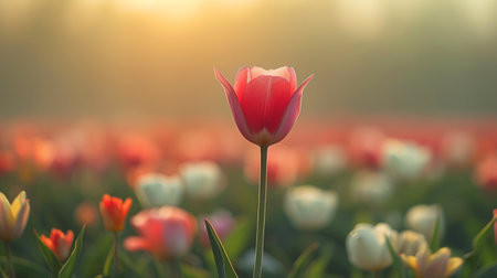 A lone tulip standing tall in a field of muted hues. large copyspace area.の素材