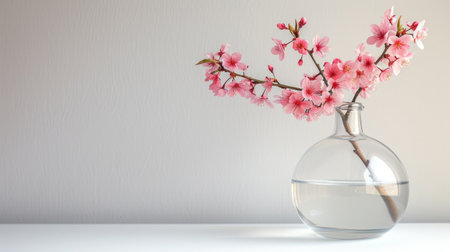 A clear glass vase holding a single cherry blossom branch, epitomizing spring's delicate beauty.の素材