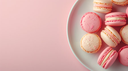 A minimalist composition of pastel-colored macarons on a white plate.の素材