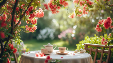 A cozy outdoor tea party set amidst a garden of budding blooms.の素材