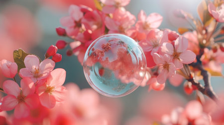 A minimalist shot of a clear bubble floating against a backdrop of spring blossoms.の素材