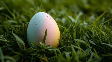 A minimalist Easter egg painted in pastel shades, resting on a bed of fresh green grass.の素材