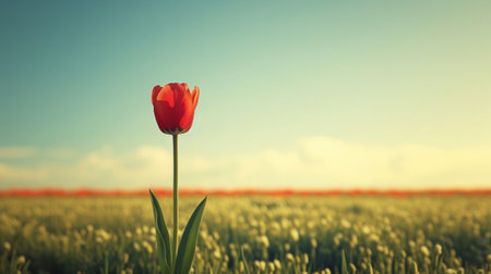 A lone tulip standing tall in a field of muted hues. large copyspace area.の素材