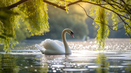 A graceful swan gliding across a glassy pond framed by willows.の素材