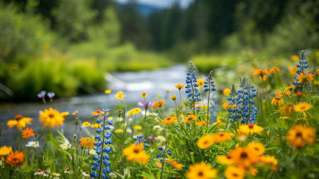 A serene riverside scene with vibrant wildflowers in bloom.の素材