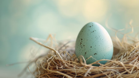 a robin's egg lying in a nest, symbolizing new beginnings and spring.の素材