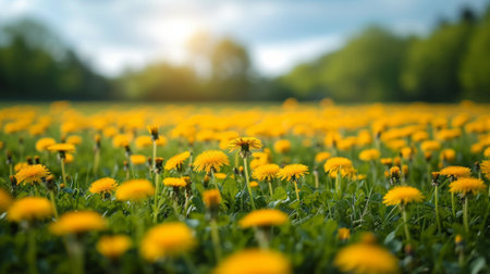 A tranquil meadow blanketed with a sea of golden dandelions.の素材