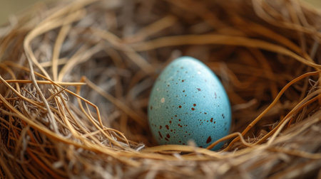 a robin's egg lying in a nest, symbolizing new beginnings and spring.の素材