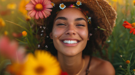 Amidst a garden of vibrant colors, her laughter fills the air, a celebration of the season.の素材