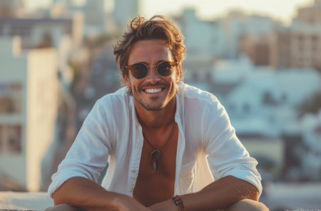 a smiling white man with sunglasses sitting on a ledge.の素材
