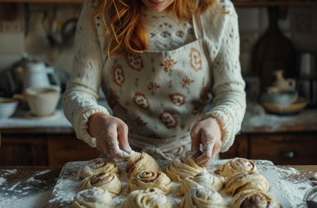 a woman holds cinnamon buns while preparing them in a kitchen.の素材