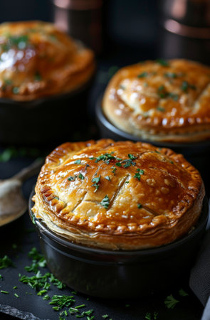 chicken pies in soup bowls on a black surface.の素材