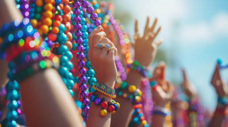 Energetic scenes of participants tossing strings of colorful beads to cheering onlookers during Mardi Gras festivities.の素材