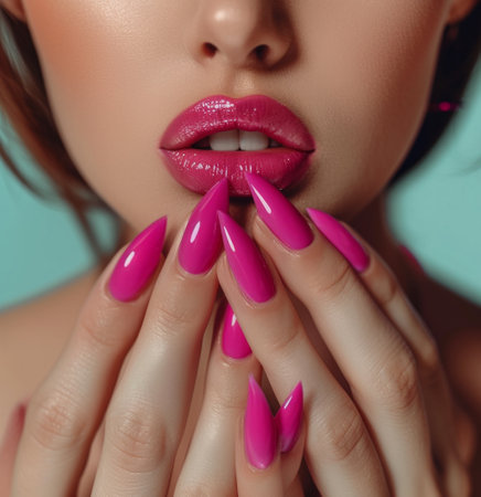 beautiful woman with bright pink nails holding hands.の素材