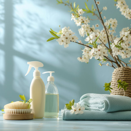 Clean and uncluttered backgrounds featuring spring cleaning items, evoking a tranquil atmosphere.の素材