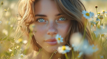 Cheeks flushed with joy, she gazes into the camera amidst a field of blooming wildflowers.の素材