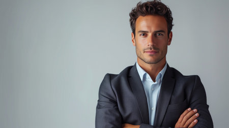Portrait of confident young businessman standing with arms crossed against gray backgroundの素材