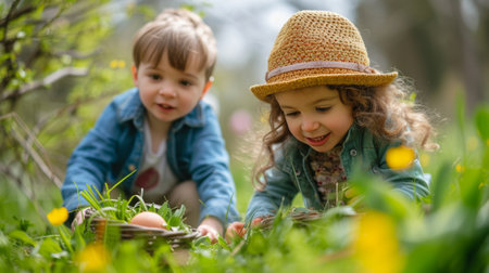 Playful scenes of children searching for hidden treasures amidst lush greenery on Easter Monday..の素材