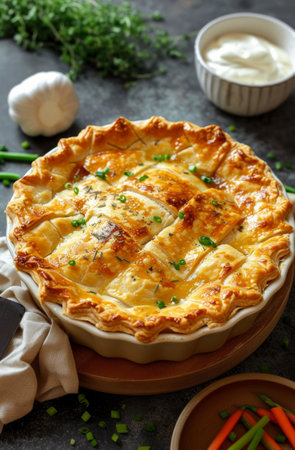 Homemade meat pie with cheese, herbs and sour cream on dark backgroundの素材