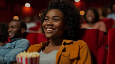 cheerful african american woman with popcorn watching movie in cinemaの素材