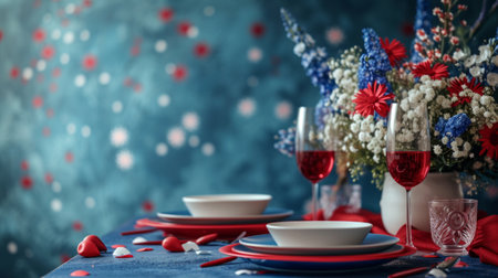 Clean and uncluttered setting featuring minimalist red, white, and blue decor for Independence Day celebrations.の素材