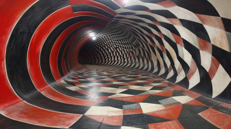 Optical illusions created by geometric patterns add depth and intrigue to the scene.の素材