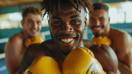 Boxers radiating joy and positivity, their smiles reflecting their love for the sport and success..の素材