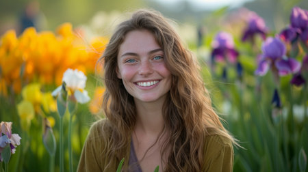 Her smile blooms alongside a patch of vibrant irises.の素材