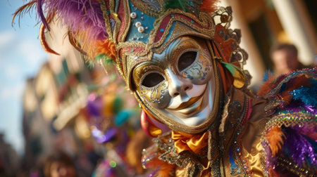 Intriguing images of people donning intricate masks and indulging in festive activities during Mardi Gras.の素材