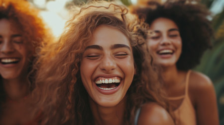 Candid photographs capturing friends sharing laughter and joyful moments together in various settings.の素材