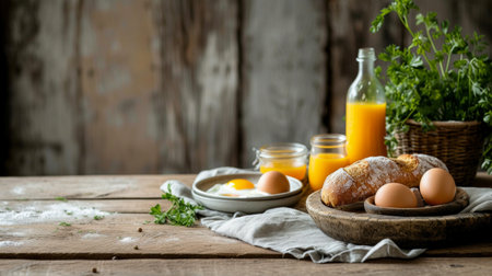 Wooden tables feature farm-fresh eggs, crusty bread, and freshly squeezed juices.の素材