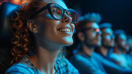 Enthusiastic moviegoers captivated by the silver screen.の素材