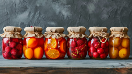 Minimalist setups showcasing jars of perfectly preserved fruits.の素材