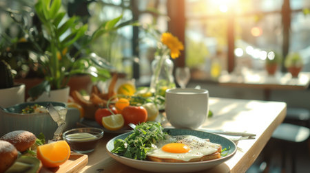 Trendy eateries serve up modern breakfast fare amidst minimalist decor.の素材
