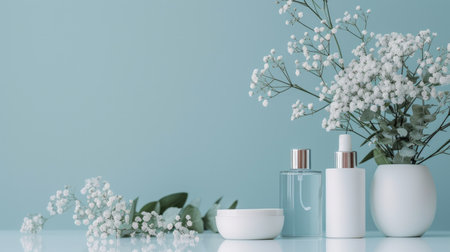 Serene and tranquil setting with minimalist decorative cosmetics, promoting a feeling of calmness and allure.の素材