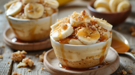 Clean and understated photo evoking a sense of bliss with desserts and caramelized banana toppings.の素材