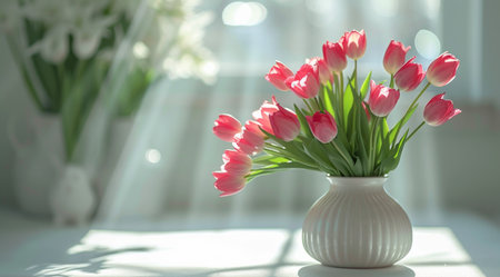 easter table set up with tulips and bunny white vase.の素材