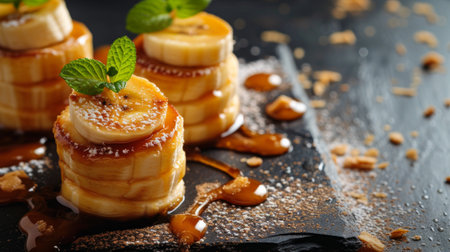 Simple yet elegant image highlighting desserts adorned with luscious caramelized banana slices.の素材