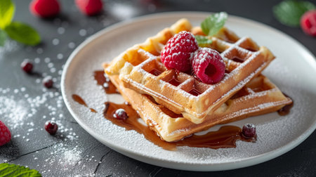 Minimalist shot of Belgian waffles arranged artistically on a white plate.の素材