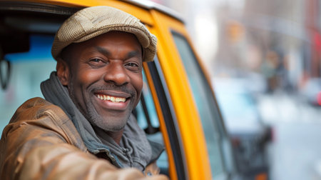 Clean composition with a happy taxi driver, adding a touch of positivity to the urban landscape.の素材