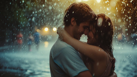 Tranquil scene of a couple finding solace and joy in each other's arms amid the rain.の素材