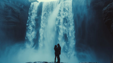 Minimalist photo showcasing a tender moment between a couple against a cascading waterfall.の素材