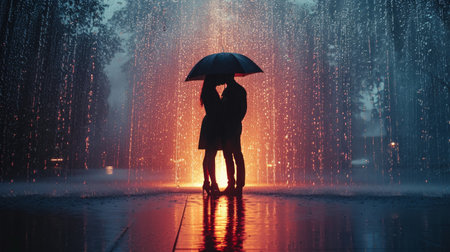 Minimalist shot capturing a couple in love, sharing an intimate moment under the gentle rain.の素材