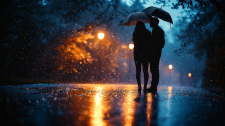 Subtle yet powerful photo capturing the tender affection between a couple during a light rain.の素材