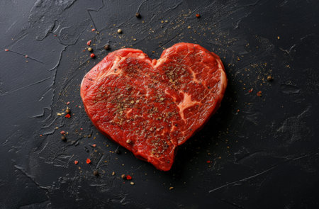 steaks in the shape of heart on black background.の素材