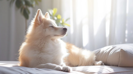 Minimalist portrayal of a cute fluffy dog, emphasizing its soft fur and gentle demeanor..の素材